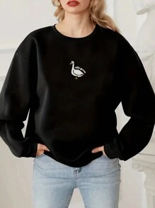 SHEIN Essnce 鴨子和字母圖案落肩袖運動衫 - 黑色 - 查看 1