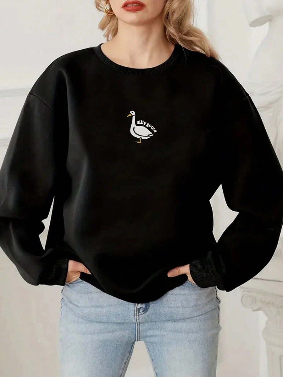 SHEIN Essnce 鴨子和字母圖案落肩袖運動衫 - 黑色 - 查看 1