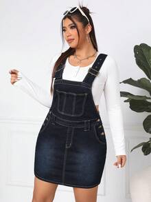 SHEIN EZwear Vestido Vaquero De Talla Grande Para Mujer Con Detalles De Bolsillo Y Botones - Azul - Ver 6