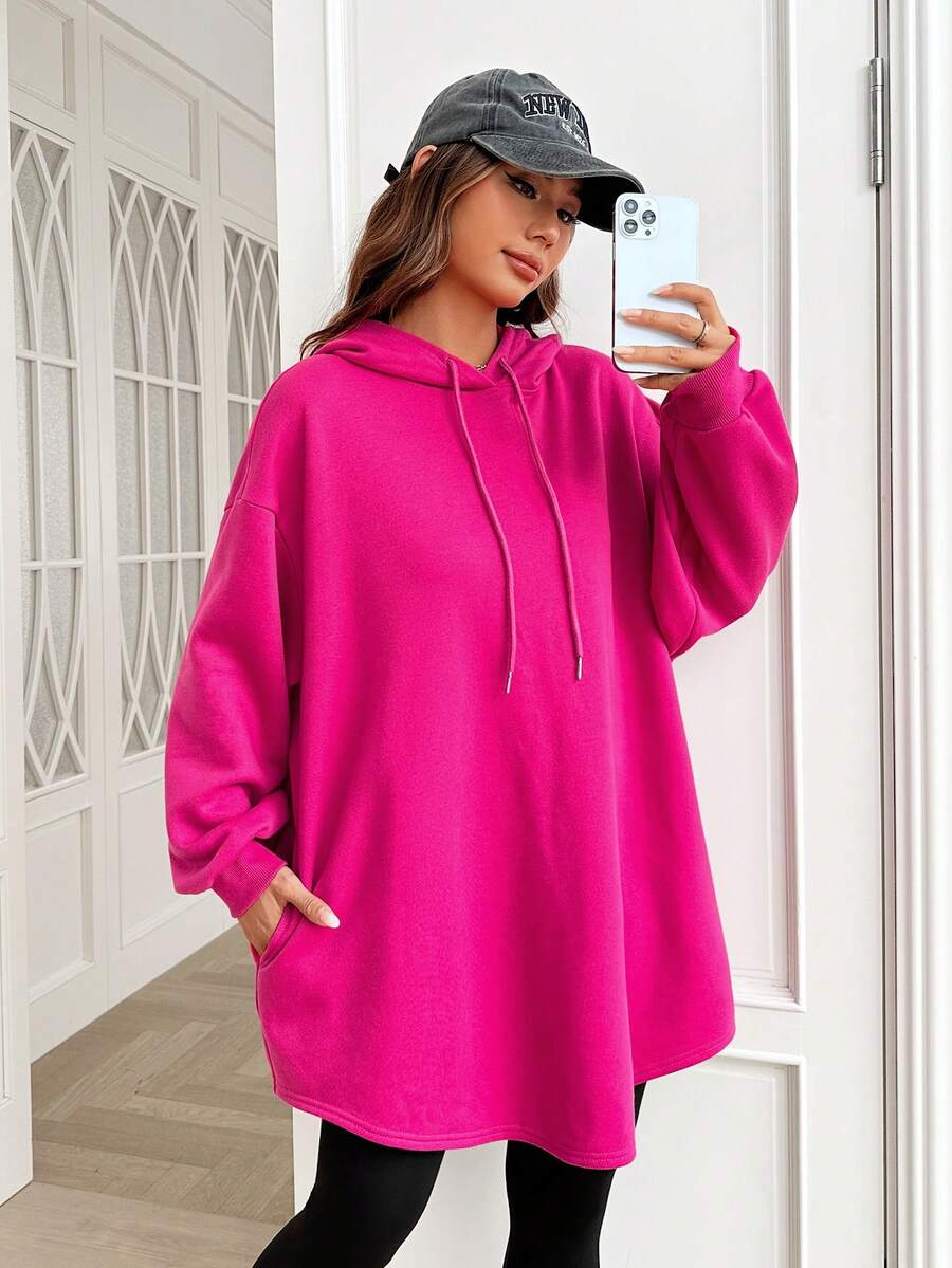 SHEIN EZwear 落肩袖抽繩連帽衫 - 玫紅色 - 查看 1