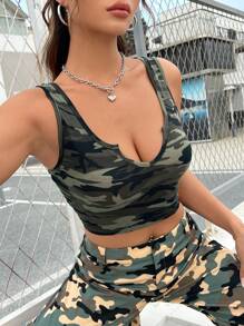 SHEIN EZwear Camouflage Pattern Tank Top & Long Pants Lady's 2pcs Set - Army Green - View 3
