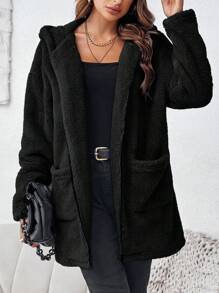 SHEIN LUNE Dual Pocket Hooded Teddy Coat In Fall/Winter - Black - View 4