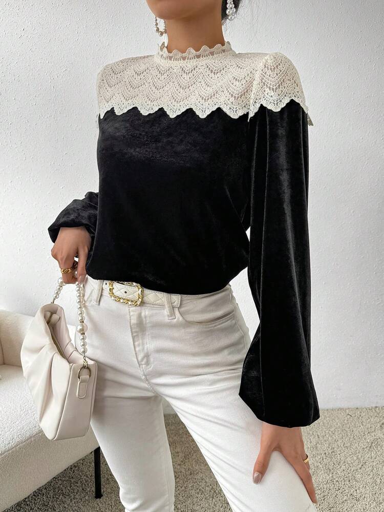 Color Contrast Lace Patchwork Lantern Sleeve T-shirt