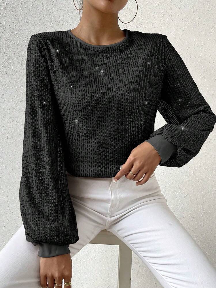 Lantern Sleeve Sequin Blouse Fall Cloth For Women