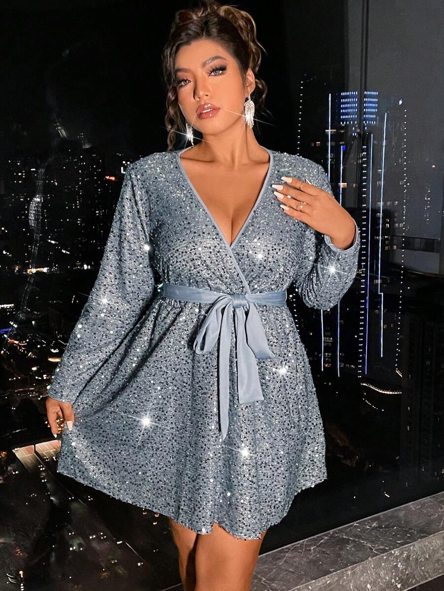 Allurite 加大斜领系带亮片连衣裙，适合节日派对服装 - 灰色 - 查看 1