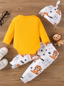 SHEIN Baby Boys' Fashionable Casual Round Neck Animal Print Long Sleeve Bodysuit With Printed Pants And Simple Hat For Spring And Autumn