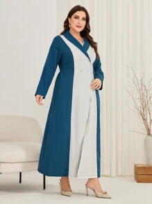 Mulvari Women's Plus Size Color Block Double-Breasted Arabian Dress With Shawl Collar Abayas - Multicolor - View 3