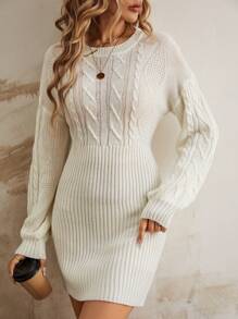 SHEIN LUNE 麻花編織落肩袖毛衣洋裝 - 白色 - 查看 1