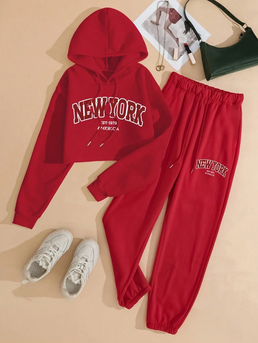 SHEIN EZwear 字母印花抽繩連帽衫和運動褲兩件套 - 紅色 - 查看 1