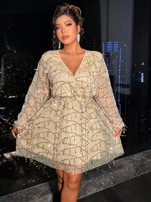 Celure Mesh Splice & Sequin Embellished Dress - Apricot - View 3