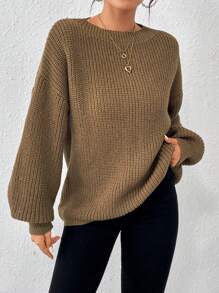 SHEIN Essnce Drop Shoulder Ribbed Knit Sweater - Khaki - View 3