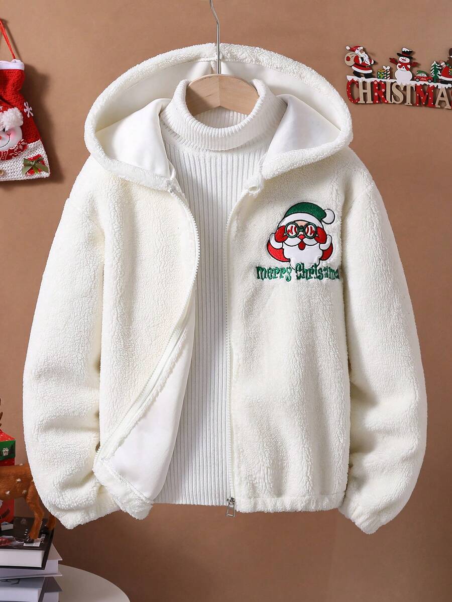 SHEIN Tween Girls' Santa Slogan Embroidery Hooded Jacket - Multicolor - View 1