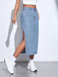 SHEIN PETITE Falda De Mezclilla Con Abertura Alta
