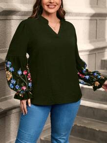 SHEIN Clasi Plus Size Women's Floral Embroidery Asymmetric Hem Shirt With Ruffled Sleeves - Army Green - View 4