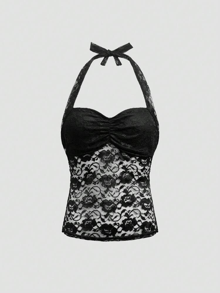 Contrast Lace Ruched Halter Top