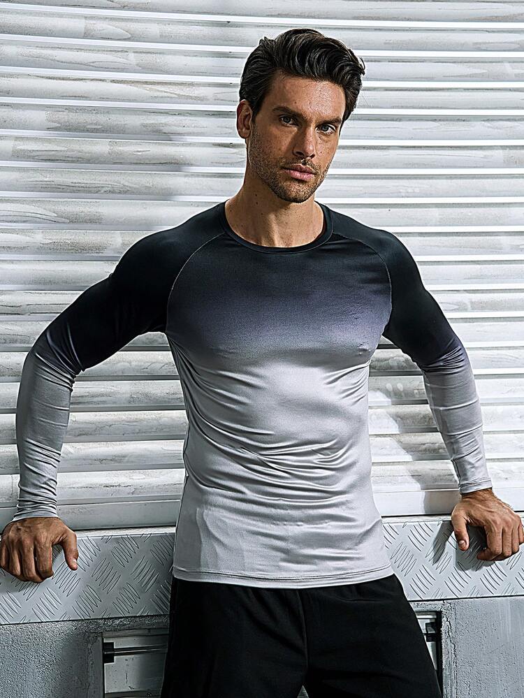 Men'S Gradient Raglan Sleeve Sports T-Shirt Long Sleeve Shirt