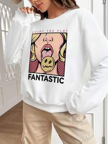 SHEIN Coolane Figure & Slogan Graphic Drop Shoulder Sweatshirt - White - View 5