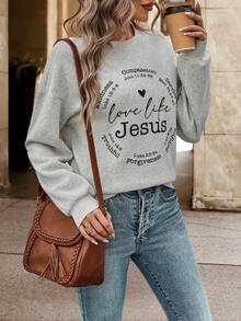 SHEIN LUNE Thả vai Lá thư In Của phụ nữ Áo nỉ - Màu Xám nhạt - Xem 3