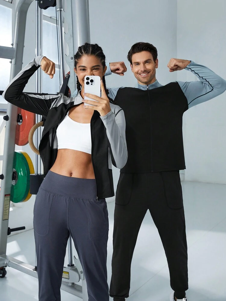 Boyfriend Style Men Colorblock Zip Up Sports Jacket Workout Tops Sports Jacket