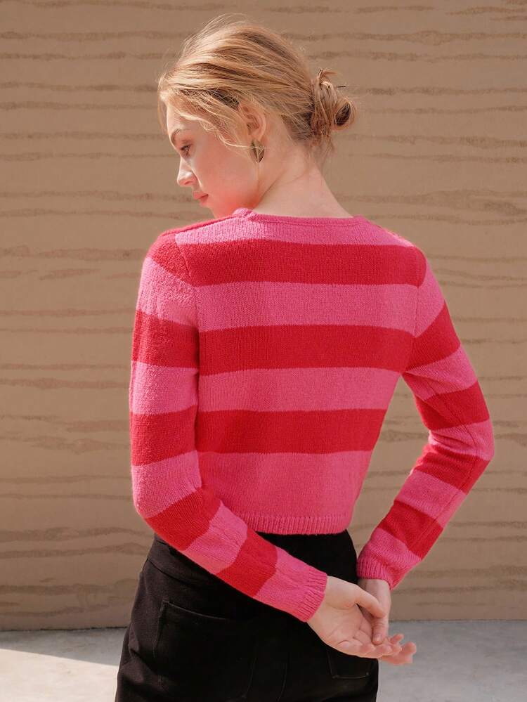 Heart-Shaped Cut-Out Detail Striped Knit Pullover Fall Winter Sweater