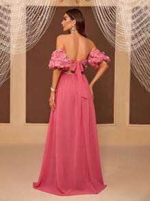 SHEIN Belle Vestido De Noche De Mujer Con Abertura Alta Y Hombros Descubiertos Con Estampado De Flores En 3d Y Diseño De Correa Trasera (resistente) - Rosa - Ver 2