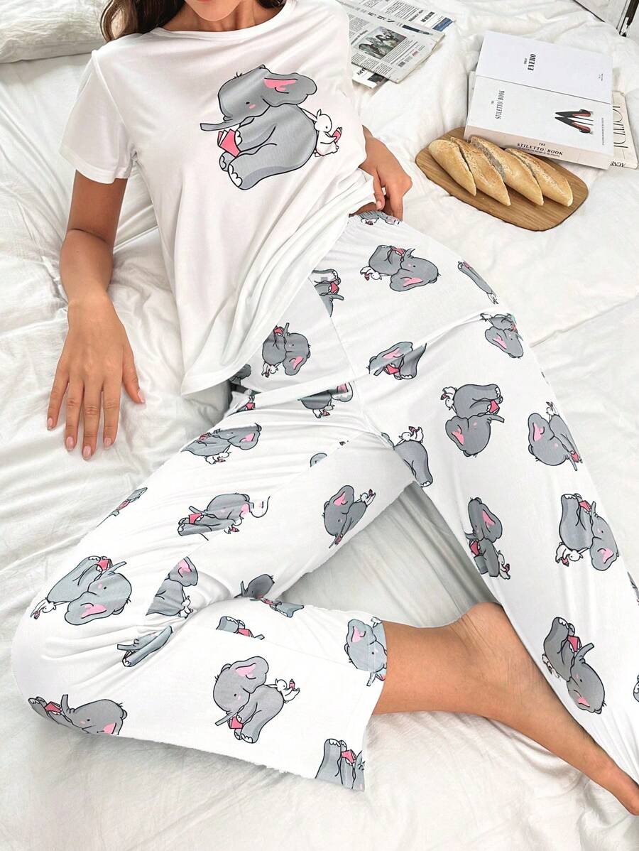 Cartoon Graphic Tee & Pants PJ Set / Pajama Set - Multicolor - View 1