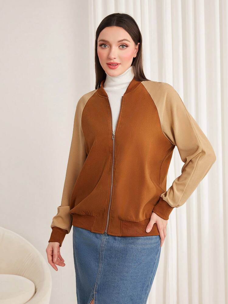 Colorblock Raglan Sleeve Zip Up Coat Fall Cloth For Women