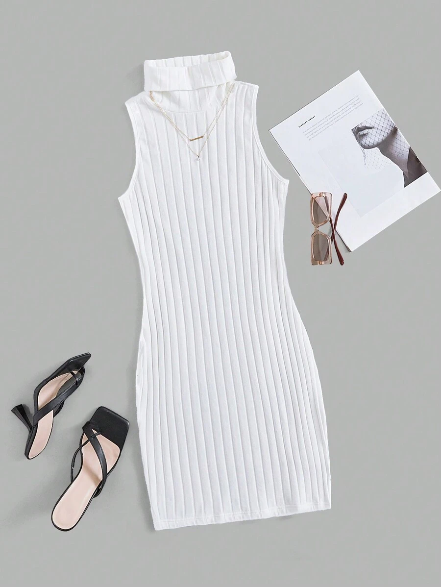 SHEIN Essnce 高領條紋針織背心洋裝 - 白色 - 查看 1