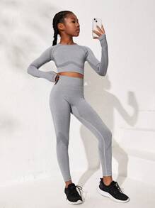 Chica preadolescente Leggings con camiseta deportiva con abertura trasera agujero para el pulgar - Gris - Ver 5