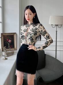 EastFlair 新款中式旗袍领性感镂空印花女士上衣 - 杏色 - 查看 1