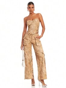 SHEIN BAE Pantalones De Carga Con Bolsillo Lateral Y Estampado De Piel De Serpiente - Multicolor - Ver 7