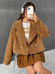 Muchica Cổ áo Thả vai Áo Teddy Jackets - Lạc đà - Xem 4