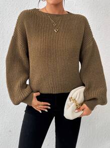 SHEIN Essnce Drop Shoulder Ribbed Knit Sweater - Khaki - View 5
