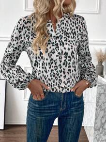 女性豹紋印花燈籠袖襯衫 - 彩色 - 查看 1