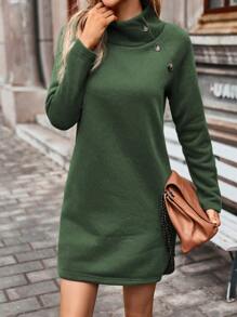 SHEIN LUNE Của phụ nữ Cổ cao Nút lên Tay Raglan Đầm - xanh quân đội - Xem 1