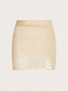 SHEIN ICON Solid Ripped Knit Skirt - Apricot - View 2