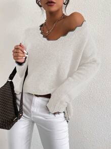 SHEIN Essnce Scallop Trim Drop Shoulder Sweater - White - View 6