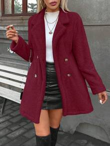 SHEIN Privé Lapel Neck Double Breasted Teddy Coat - Burgundy - View 3
