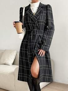 Zolique Abrigo de cuadros de cuello con solapa con cinturón - Negro - Ver 6