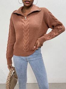 SHEIN Essnce Cable Knit Zipper Front Drop Shoulder Sweater - Coffee Brown - View 3