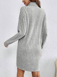SHEIN Frenchy Turtleneck Drop Shoulder Grain Fabric Dress With Sleeves Ribbed Knit Dress - Grey - View 4