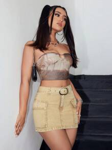 SHEIN EZwear Flap Pocket Belted Denim Skirt - Brown - View 5