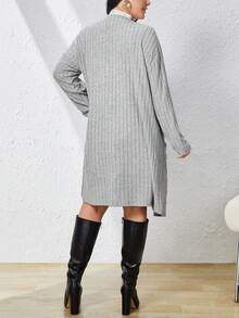 SHEIN Essnce Talla grande Abrigo con parte delantera abierta tejido de canalé - Gris - Ver 2