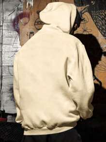 男士字母印花落肩长袖抽绳连帽运动衫，春秋 - 卡其色 - 查看 2