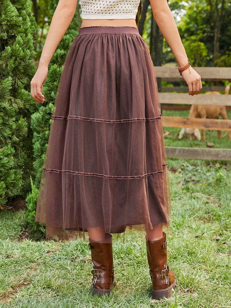 Contrast Mesh Layered Ruffle Hem Skirt