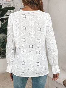 SHEIN VCAY Lỗ gắn thêu Tay áo loe Áo sơ mi - trắng - Xem 2