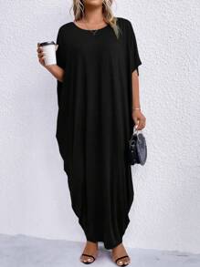 EMERY ROSE Plus Size Solid Color Batwing Sleeve Dress Maxi Women Outfit - Black - View 1