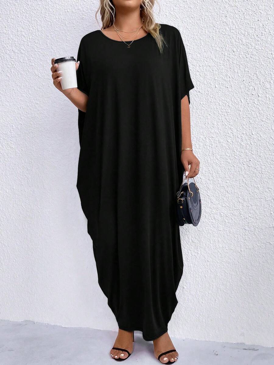 EMERY ROSE Plus Size Solid Color Batwing Sleeve Dress Maxi Women Outfit - Black - View 1