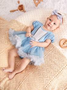 SHEIN Newborn Baby Girls' Puff Sleeve Dress With Bowknot & Mesh Skirt, With Headband 2pcs/Set - Baby Blue - View 5