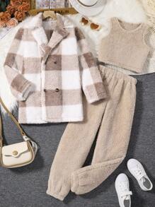 SHEIN 3件套/组：格子抓绒外套、短背心和长裤，适合青少年女孩 - 彩色 - 查看 1